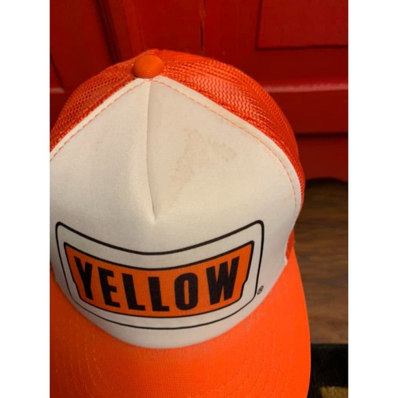 Yellow VINTAGE 1980's Trucker Hat Snapback Mesh By Headwear Orange Baseball Cap - Picture 4 of 4